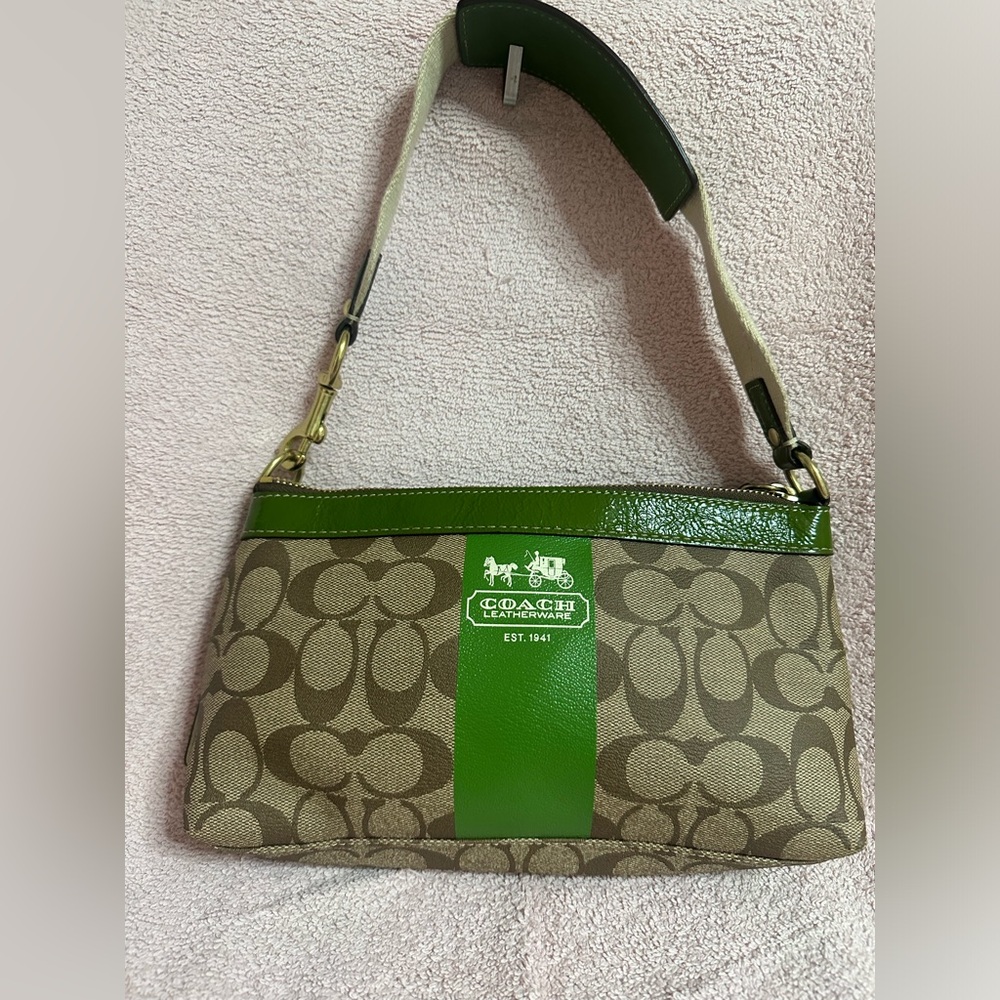 Coach Signature Canvas Shoulder Bag with Green Trim - Picture 2 of 5